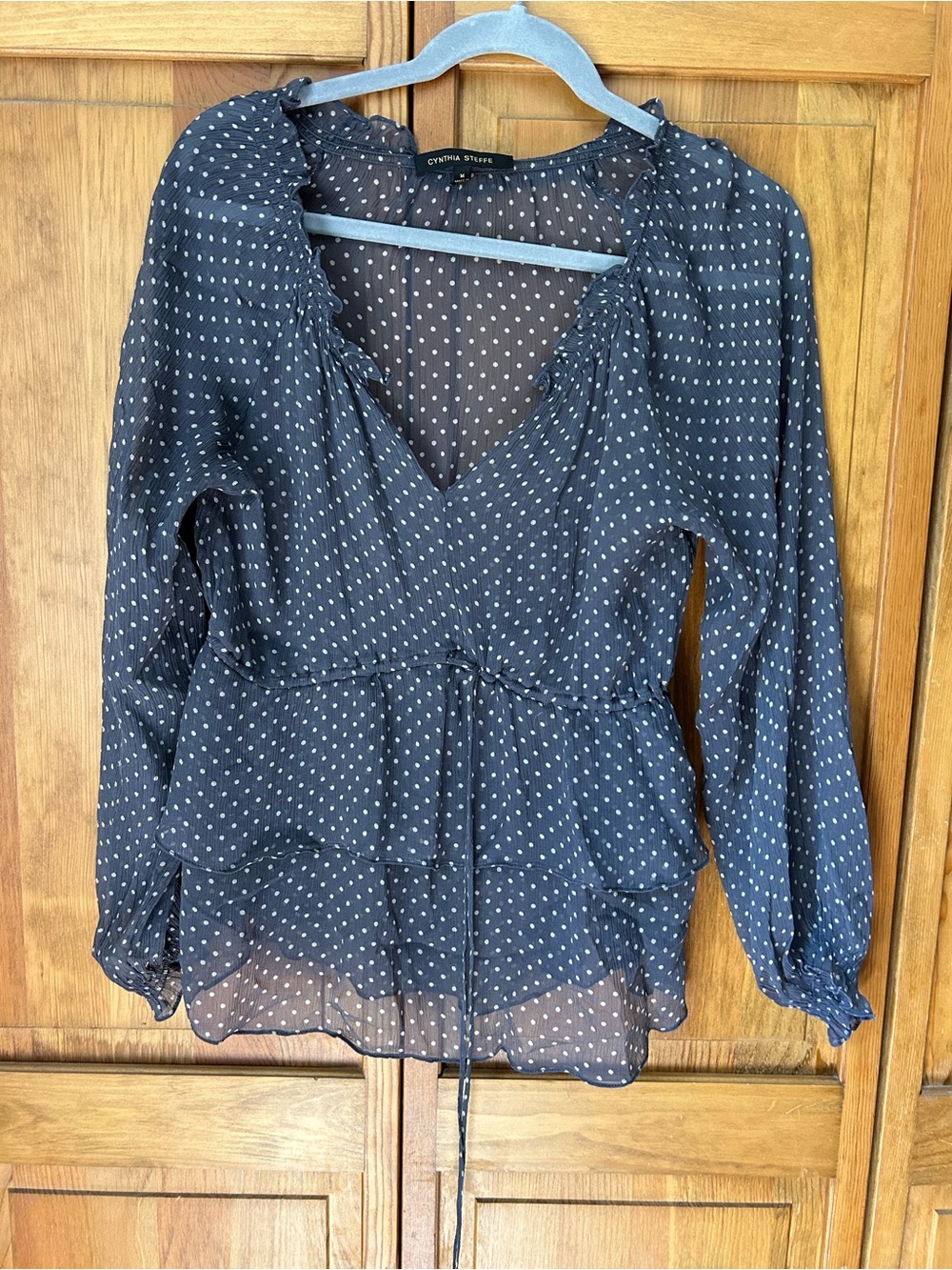 Cynthia Steffe Navy and White Polka Dot Peplum Blouse